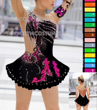 Lade das Bild in den Galerie-Viewer, - Schwarz Pink Kürkleid Eiskunstlaufklei Rollkunstlaufen Tanzkleid Tanzmariechen
